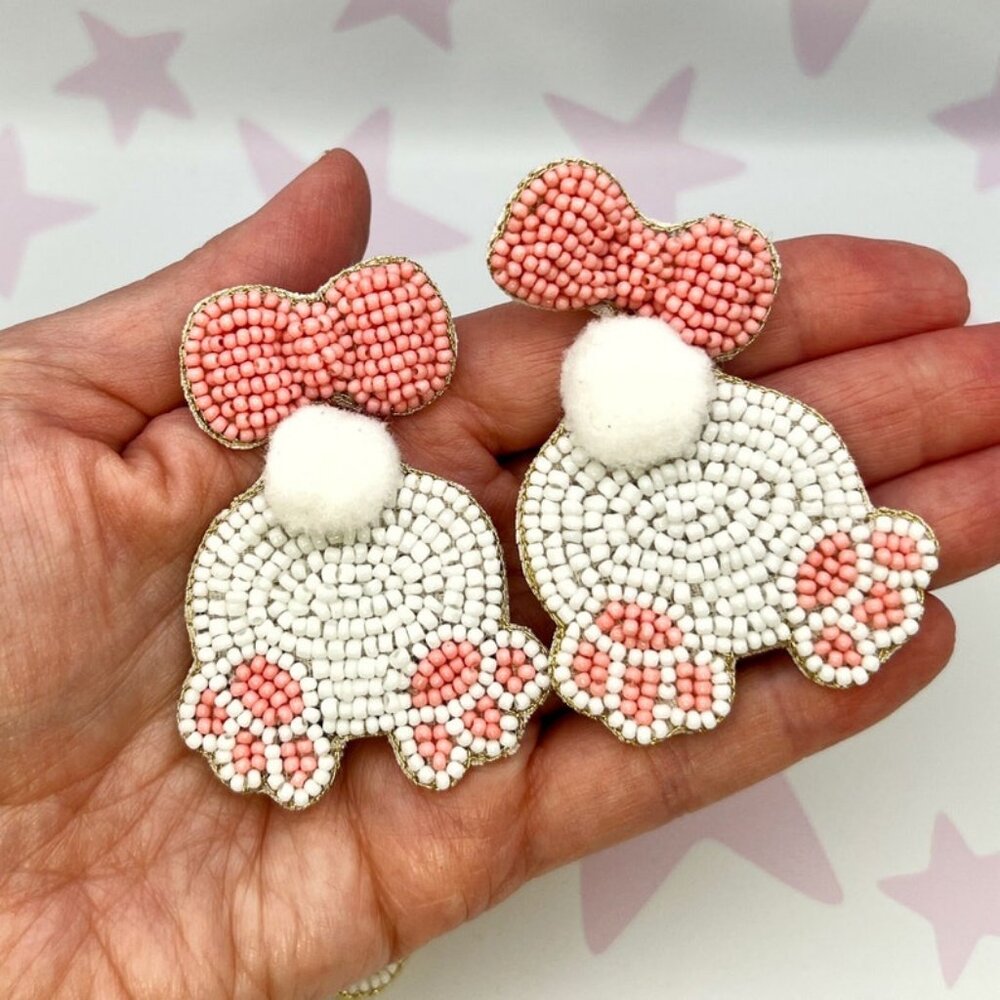 NEW Easter Bunny Butt Bow Pom-Pom Seed Beaded Statement Gift Earrings